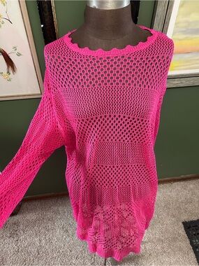 Bright Hot Pink Crochet Sweater Swim cover up